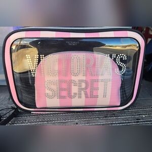 Victoria's Secret Signature Stripe Backstage Nested Trio Makeup Bag Pink NEW